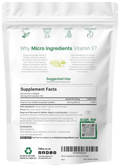 Micro Ingredients Vitamin E 400 IE, 300 Weichkapseln – Reine Vitamin E Öl Kapseln – Antioxidans Nahrungsergänzung für Haut, Gesicht, Herz und Immunsystem – Nicht-GVO, Glutenfrei