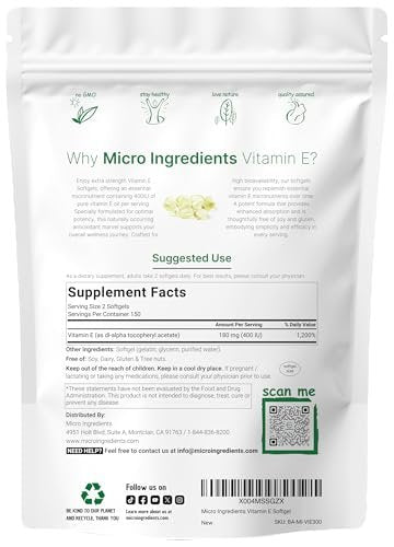 Micro Ingredients Vitamin E 400 IE, 300 Weichkapseln – Reine Vitamin E Öl Kapseln – Antioxidans Nahrungsergänzung für Haut, Gesicht, Herz und Immunsystem – Nicht-GVO, Glutenfrei