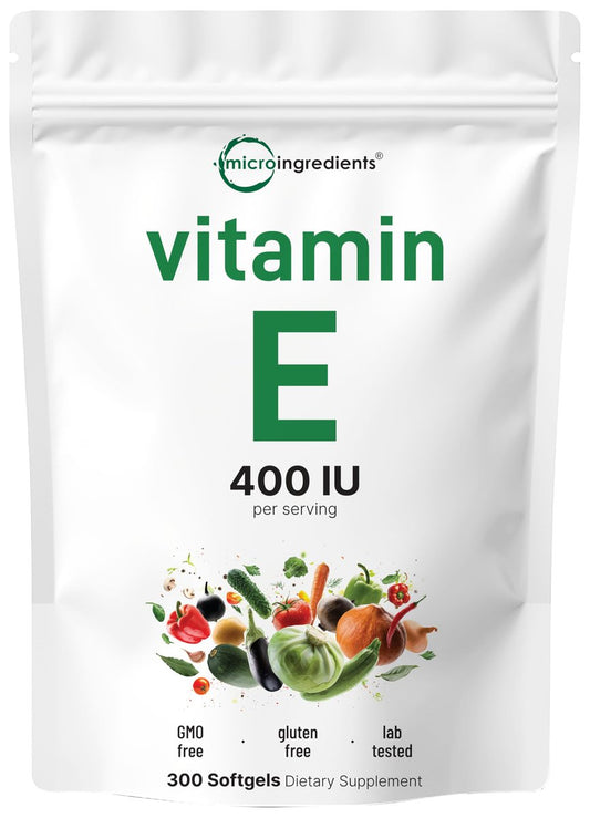 Micro Ingredients Vitamin E 400 IE, 300 Weichkapseln – Reine Vitamin E Öl Kapseln – Antioxidans Nahrungsergänzung für Haut, Gesicht, Herz und Immunsystem – Nicht-GVO, Glutenfrei