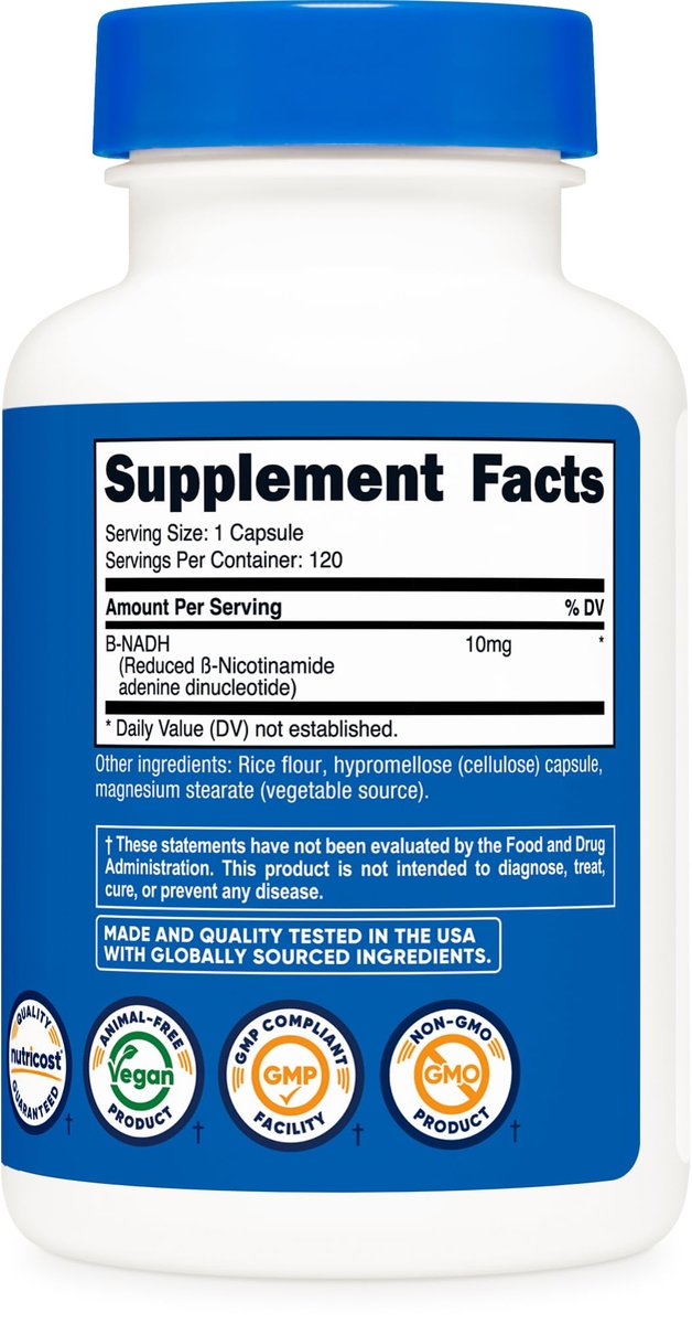 Nutricost NADH 10 mg pro Portion – 120 Kapseln – B-Nicotinamidadenindinukleotid, vegan, glutenfrei