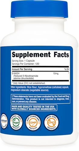 Nutricost NADH 10 mg pro Portion – 120 Kapseln – B-Nicotinamidadenindinukleotid, vegan, glutenfrei