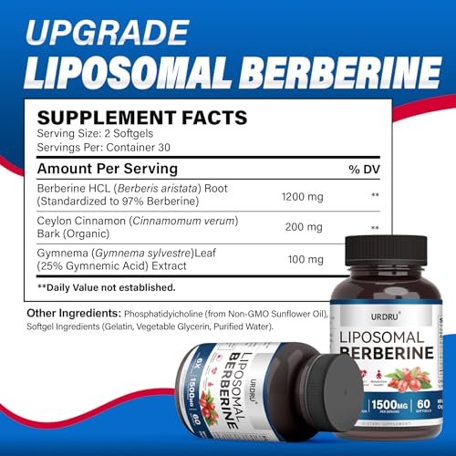 URDRU 3-in-1 Liposomales Berberin Supplement 1500mg – mit Ceylon-Zimt & Gymnema, hohe Bioverfügbarkeit Berberin Kapseln für Frauen und Männer, AMPK-Aktivator