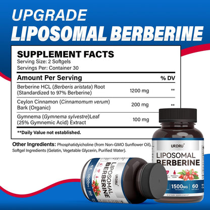 URDRU 3-in-1 Liposomales Berberin Supplement 1500mg – mit Ceylon-Zimt & Gymnema, hohe Bioverfügbarkeit Berberin Kapseln für Frauen und Männer, AMPK-Aktivator