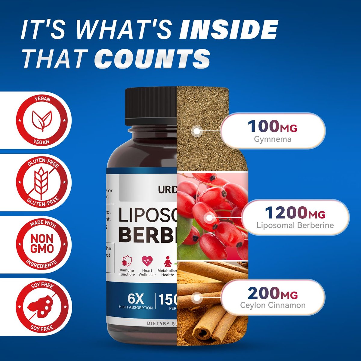 URDRU 3-in-1 Liposomales Berberin Supplement 1500mg – mit Ceylon-Zimt & Gymnema, hohe Bioverfügbarkeit Berberin Kapseln für Frauen und Männer, AMPK-Aktivator