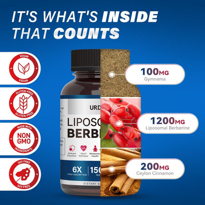 URDRU 3-in-1 Liposomales Berberin Supplement 1500mg – mit Ceylon-Zimt & Gymnema, hohe Bioverfügbarkeit Berberin Kapseln für Frauen und Männer, AMPK-Aktivator