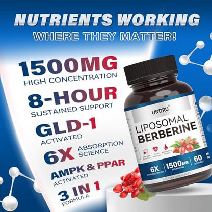 URDRU 3-in-1 Liposomales Berberin Supplement 1500mg – mit Ceylon-Zimt & Gymnema, hohe Bioverfügbarkeit Berberin Kapseln für Frauen und Männer, AMPK-Aktivator