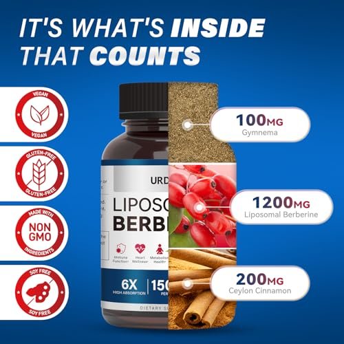 URDRU 3-in-1 Liposomales Berberin Supplement 1500mg – mit Ceylon-Zimt & Gymnema, hohe Bioverfügbarkeit Berberin Kapseln für Frauen und Männer, AMPK-Aktivator