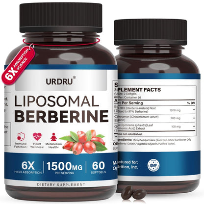 URDRU 3-in-1 Liposomales Berberin Supplement 1500mg – mit Ceylon-Zimt & Gymnema, hohe Bioverfügbarkeit Berberin Kapseln für Frauen und Männer, AMPK-Aktivator