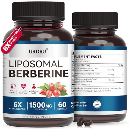 URDRU 3-in-1 Liposomales Berberin Supplement 1500mg – mit Ceylon-Zimt & Gymnema, hohe Bioverfügbarkeit Berberin Kapseln für Frauen und Männer, AMPK-Aktivator
