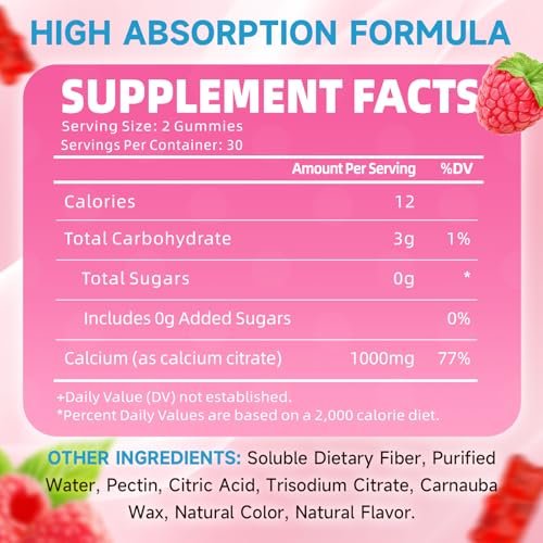 Calcium Citrate Gummies, Zuckerfrei, 1000 mg Calciumcitrat für gesunde Muskeln, Absorption Calcium Supplement für Erwachsene & Kinder, Himbeer, 60 Stück