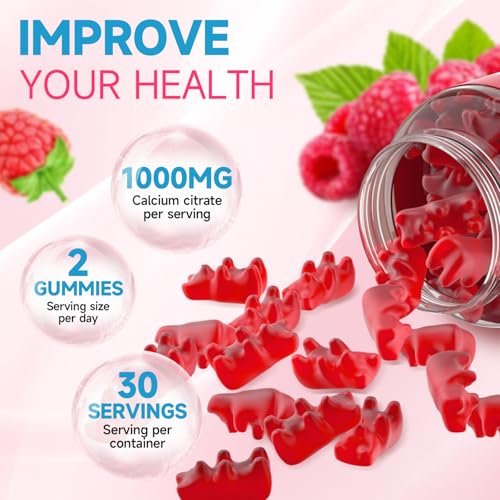 Calcium Citrate Gummies, Zuckerfrei, 1000 mg Calciumcitrat für gesunde Muskeln, Absorption Calcium Supplement für Erwachsene & Kinder, Himbeer, 60 Stück