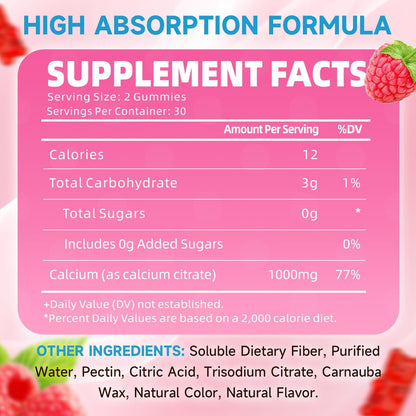 Calcium Citrate Gummies, Zuckerfrei, 1000 mg Calciumcitrat für gesunde Muskeln, Absorption Calcium Supplement für Erwachsene & Kinder, Himbeer, 60 Stück