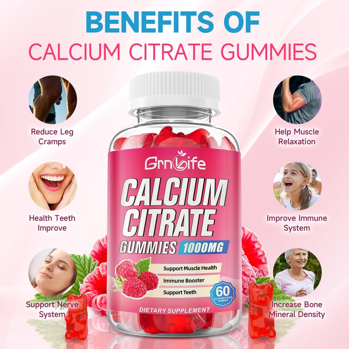 Calcium Citrate Gummies, Zuckerfrei, 1000 mg Calciumcitrat für gesunde Muskeln, Absorption Calcium Supplement für Erwachsene & Kinder, Himbeer, 60 Stück