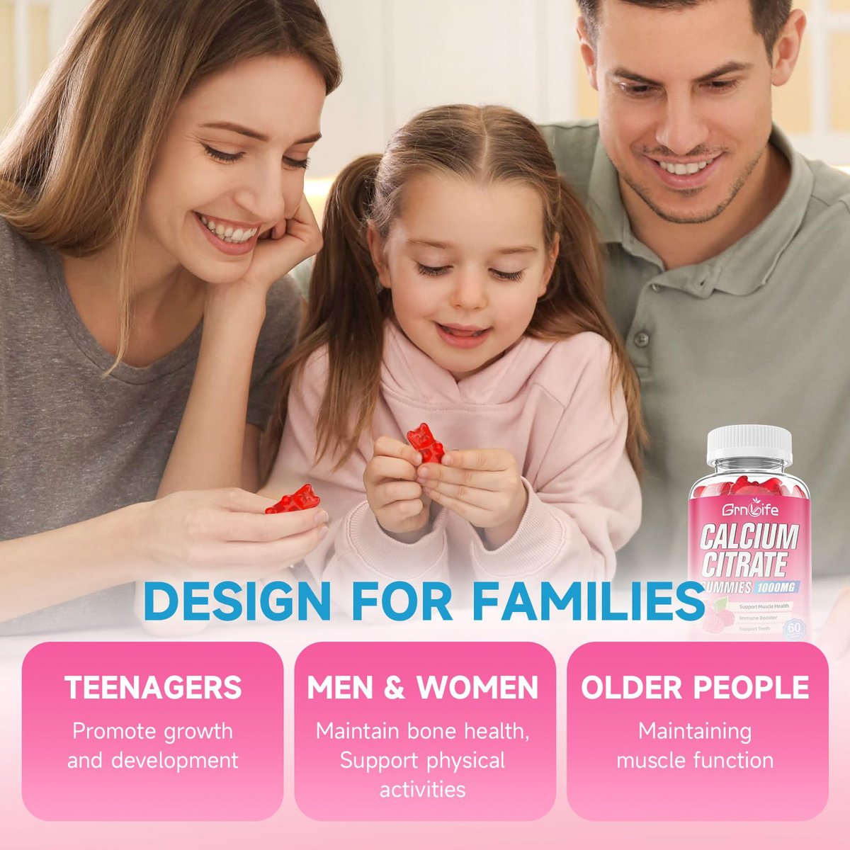 Calcium Citrate Gummies, Zuckerfrei, 1000 mg Calciumcitrat für gesunde Muskeln, Absorption Calcium Supplement für Erwachsene & Kinder, Himbeer, 60 Stück