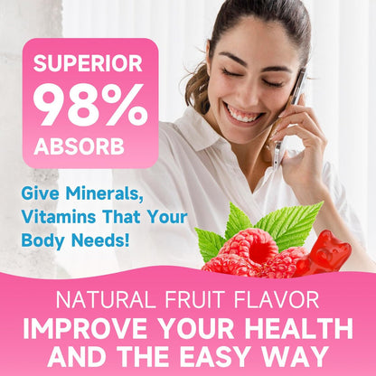 Calcium Citrate Gummies, Zuckerfrei, 1000 mg Calciumcitrat für gesunde Muskeln, Absorption Calcium Supplement für Erwachsene & Kinder, Himbeer, 60 Stück