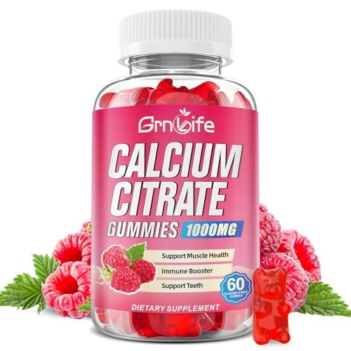 Calcium Citrate Gummies, Zuckerfrei, 1000 mg Calciumcitrat für gesunde Muskeln, Absorption Calcium Supplement für Erwachsene & Kinder, Himbeer, 60 Stück