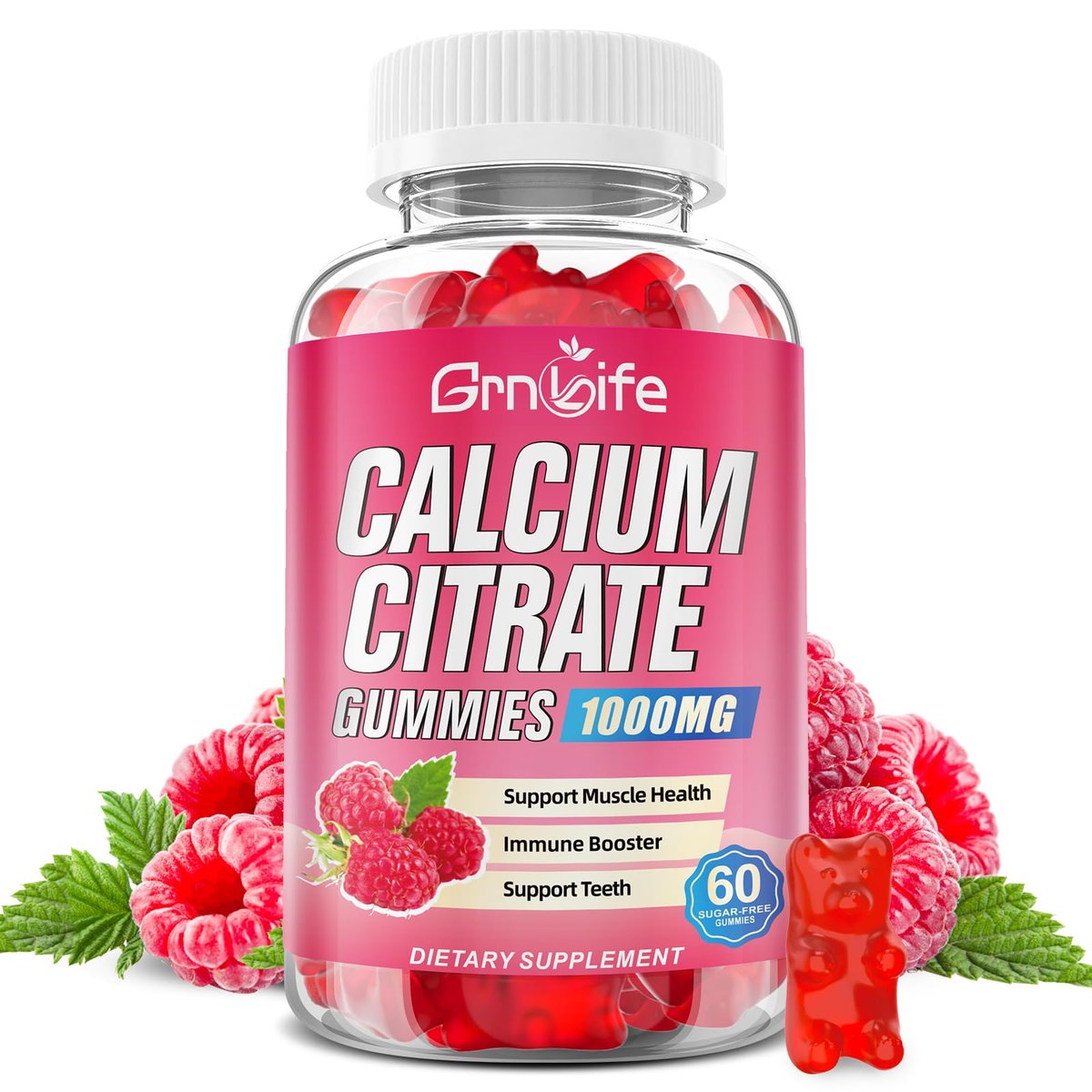 Calcium Citrate Gummies, Zuckerfrei, 1000 mg Calciumcitrat für gesunde Muskeln, Absorption Calcium Supplement für Erwachsene & Kinder, Himbeer, 60 Stück
