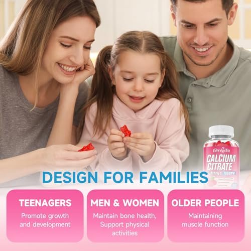 Calcium Citrate Gummies, Zuckerfrei, 1000 mg Calciumcitrat für gesunde Muskeln, Absorption Calcium Supplement für Erwachsene & Kinder, Himbeer, 60 Stück
