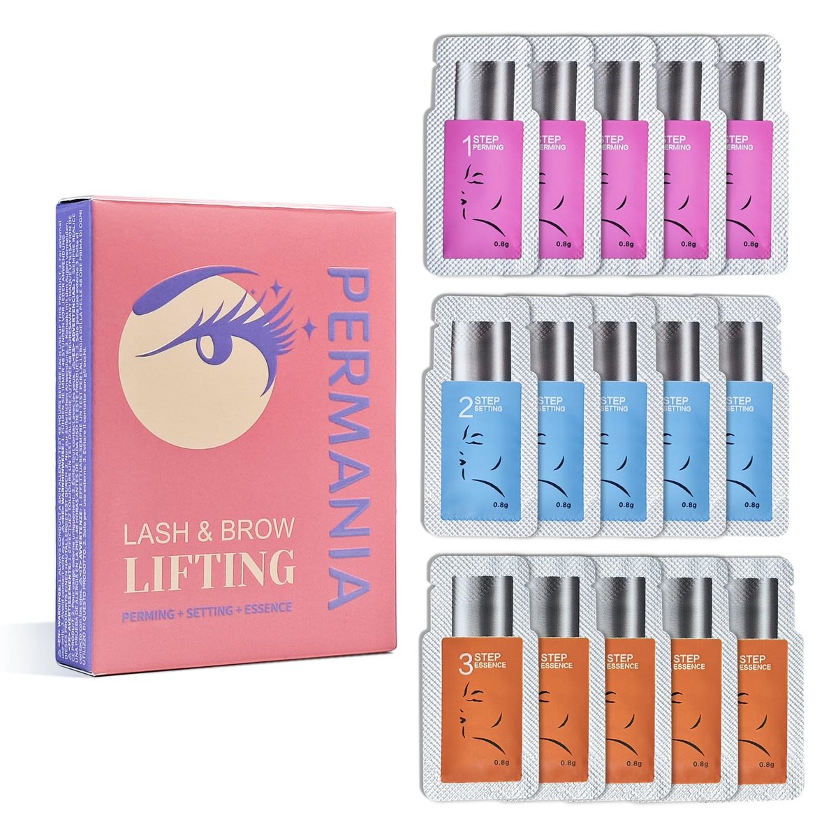 PERMANIA Wimpernlift-Set, 15-teilig, getrennte Schritte Lotion für Salon oder zu Hause für Wimpern-Perm und Brauen-Laminierung (ohne Werkzeuge)