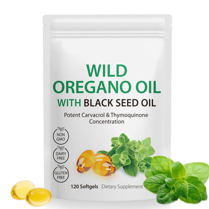 Bio-Öl aus Oregano Softgels, 120 Kapseln - 2-in-1: 6000mg Oreganoöl mit Schwarzkümmelöl 200mg, pflanzlich, organisch, Non-GMO & Immununterstützung