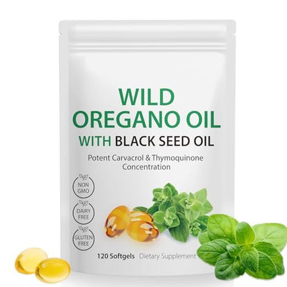 Bio-Öl aus Oregano Softgels, 120 Kapseln - 2-in-1: 6000mg Oreganoöl mit Schwarzkümmelöl 200mg, pflanzlich, organisch, Non-GMO & Immununterstützung