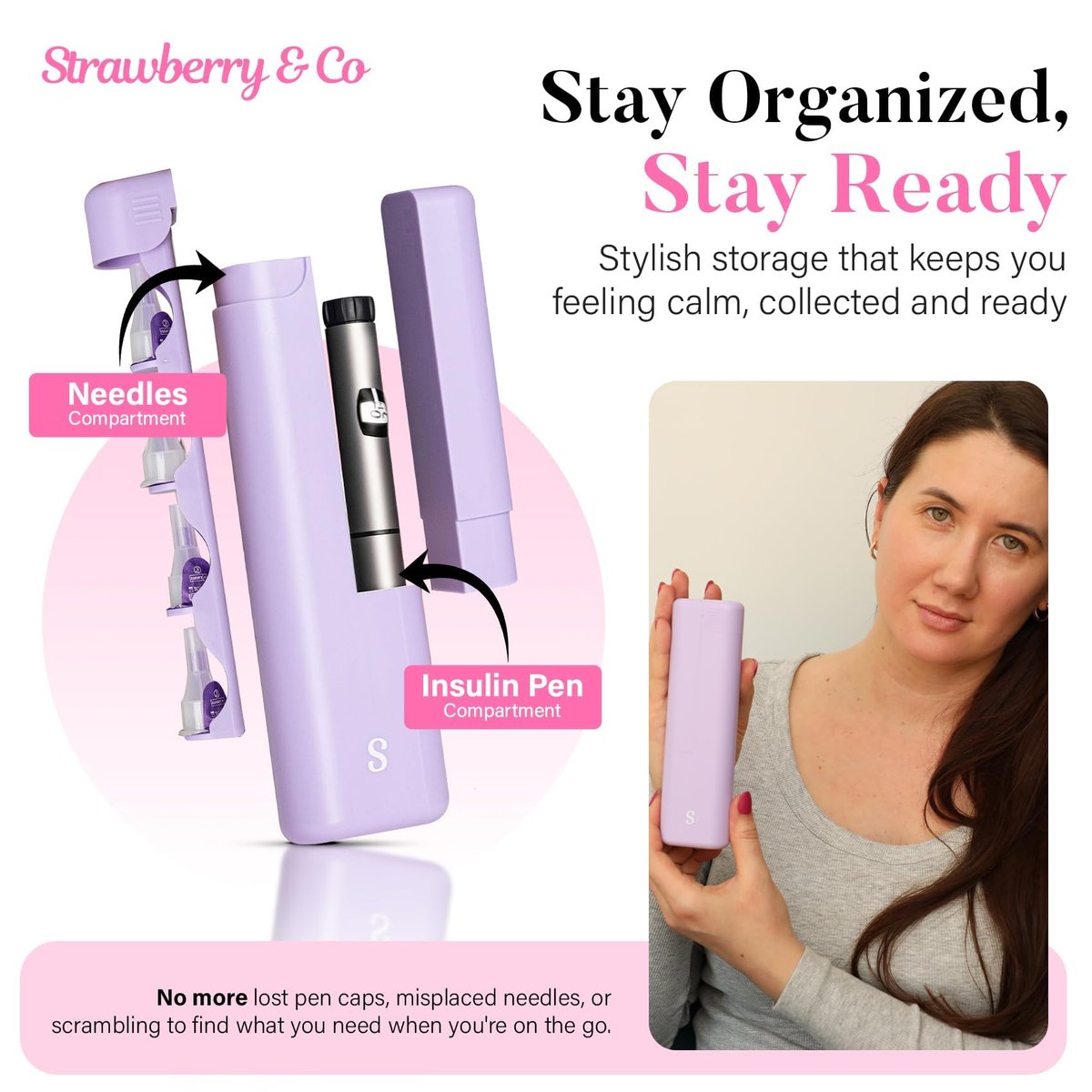 STRAWBERRY & CO Insulin-Kühler-Reiseetui mit integriertem Sharps-Behälter – Temperaturkontrollierter Organizer für Diabetiker – TSA-geprüfte Aufbewahrung für Ozempic, Insulin-Pens & Nadeln – Kompakt & auslaufsicher (Lila, Klein)