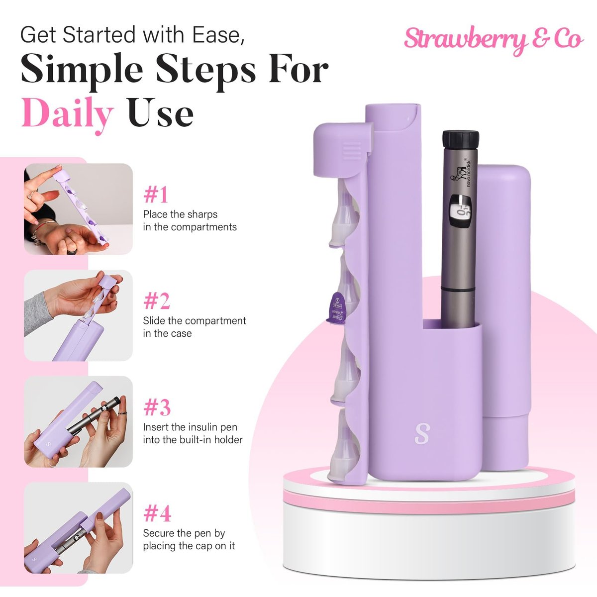 STRAWBERRY & CO Insulin-Kühler-Reiseetui mit integriertem Sharps-Behälter – Temperaturkontrollierter Organizer für Diabetiker – TSA-geprüfte Aufbewahrung für Ozempic, Insulin-Pens & Nadeln – Kompakt & auslaufsicher (Lila, Klein)