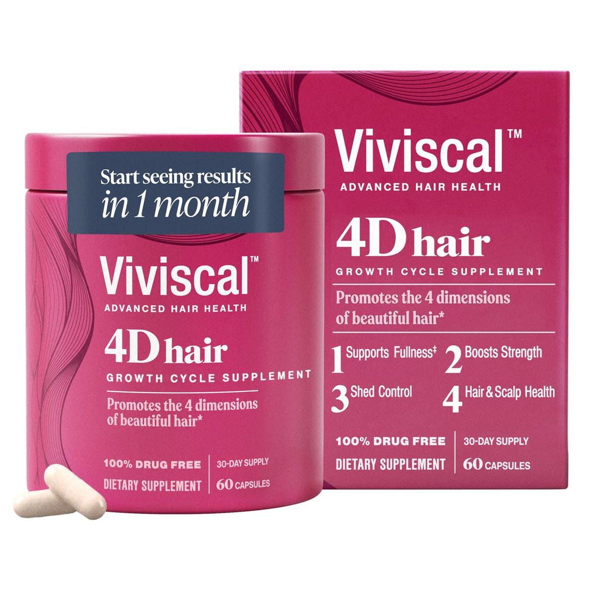 Viviscal 4D Haarwachstumszyklus Nahrungsergänzungsmittel für Frauen – Für volles, kräftiges und gesundes Haar mit Keratin, Vitamin A, Biotin, Zink – 30-Tage-Vorrat, 60 Kapseln