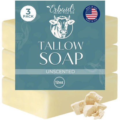 Beef Tallow Seife – Naturseife aus Weidehaltung, unparfümiert – Feuchtigkeitsspendende Gesichts- & Körperseife bei Ekzemen, trockener & empfindlicher Haut – Handgefertigte Badeseife für Erwachsene & Kinder, Hergestellt in den USA (3 x 75 g)