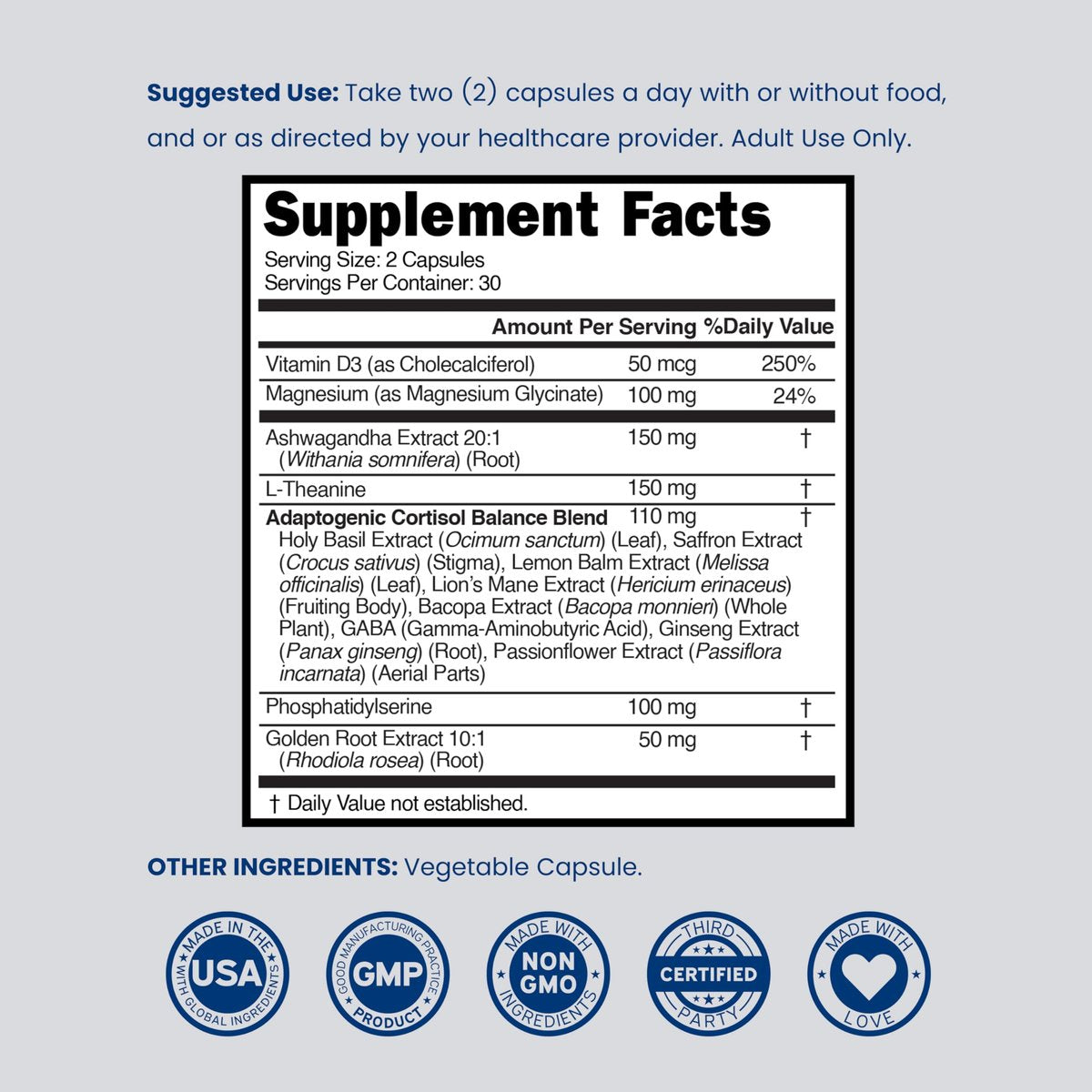 Cortisol-Supplement für Frauen und Männer mit 14-in-1-Mischung (Magnesium, Ashwagandha, L-Theanin uvm.) – Gesunder Cortisolspiegel & Ruhe – Drittanbieter-getestet, Nicht-GVO, hergestellt in USA – 60 Kapseln
