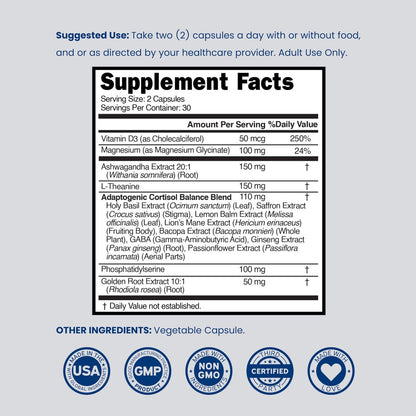 Cortisol-Supplement für Frauen und Männer mit 14-in-1-Mischung (Magnesium, Ashwagandha, L-Theanin uvm.) – Gesunder Cortisolspiegel & Ruhe – Drittanbieter-getestet, Nicht-GVO, hergestellt in USA – 60 Kapseln