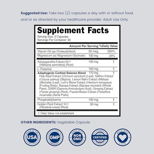 Cortisol-Supplement für Frauen und Männer mit 14-in-1-Mischung (Magnesium, Ashwagandha, L-Theanin uvm.) – Gesunder Cortisolspiegel & Ruhe – Drittanbieter-getestet, Nicht-GVO, hergestellt in USA – 60 Kapseln
