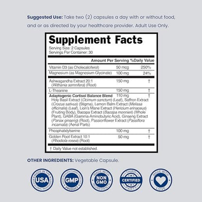 Cortisol-Supplement für Frauen und Männer mit 14-in-1-Mischung (Magnesium, Ashwagandha, L-Theanin uvm.) – Gesunder Cortisolspiegel & Ruhe – Drittanbieter-getestet, Nicht-GVO, hergestellt in USA – 60 Kapseln