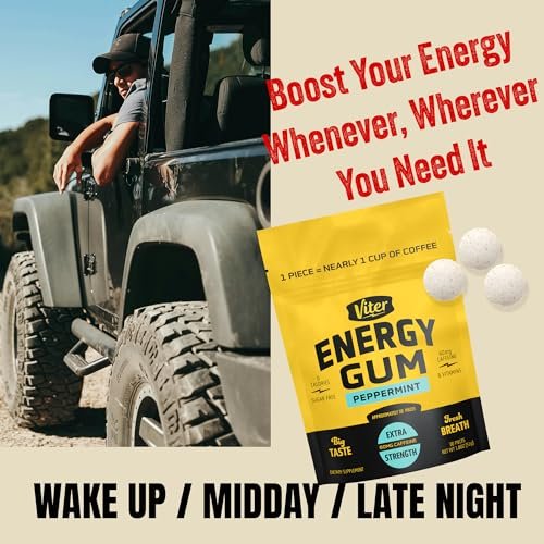 Viter Energy 60 mg Koffeinkaugummi (Pfefferminzgeschmack, 30 Stück) - Zuckerfrei, Vitamin B3, B6, B9, B12, Null Kalorien, Koffeinhaltige Energie-Kaugummis, Nootropes Fokus-Supplement für Männer & Frauen