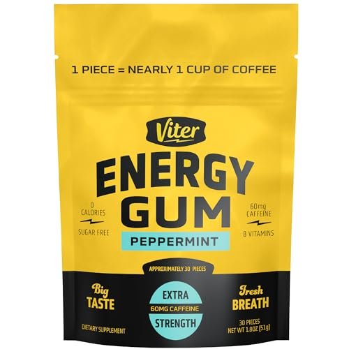 Viter Energy 60 mg Koffeinkaugummi (Pfefferminzgeschmack, 30 Stück) - Zuckerfrei, Vitamin B3, B6, B9, B12, Null Kalorien, Koffeinhaltige Energie-Kaugummis, Nootropes Fokus-Supplement für Männer & Frauen