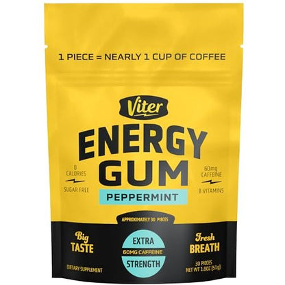 Viter Energy 60 mg Koffeinkaugummi (Pfefferminzgeschmack, 30 Stück) - Zuckerfrei, Vitamin B3, B6, B9, B12, Null Kalorien, Koffeinhaltige Energie-Kaugummis, Nootropes Fokus-Supplement für Männer & Frauen
