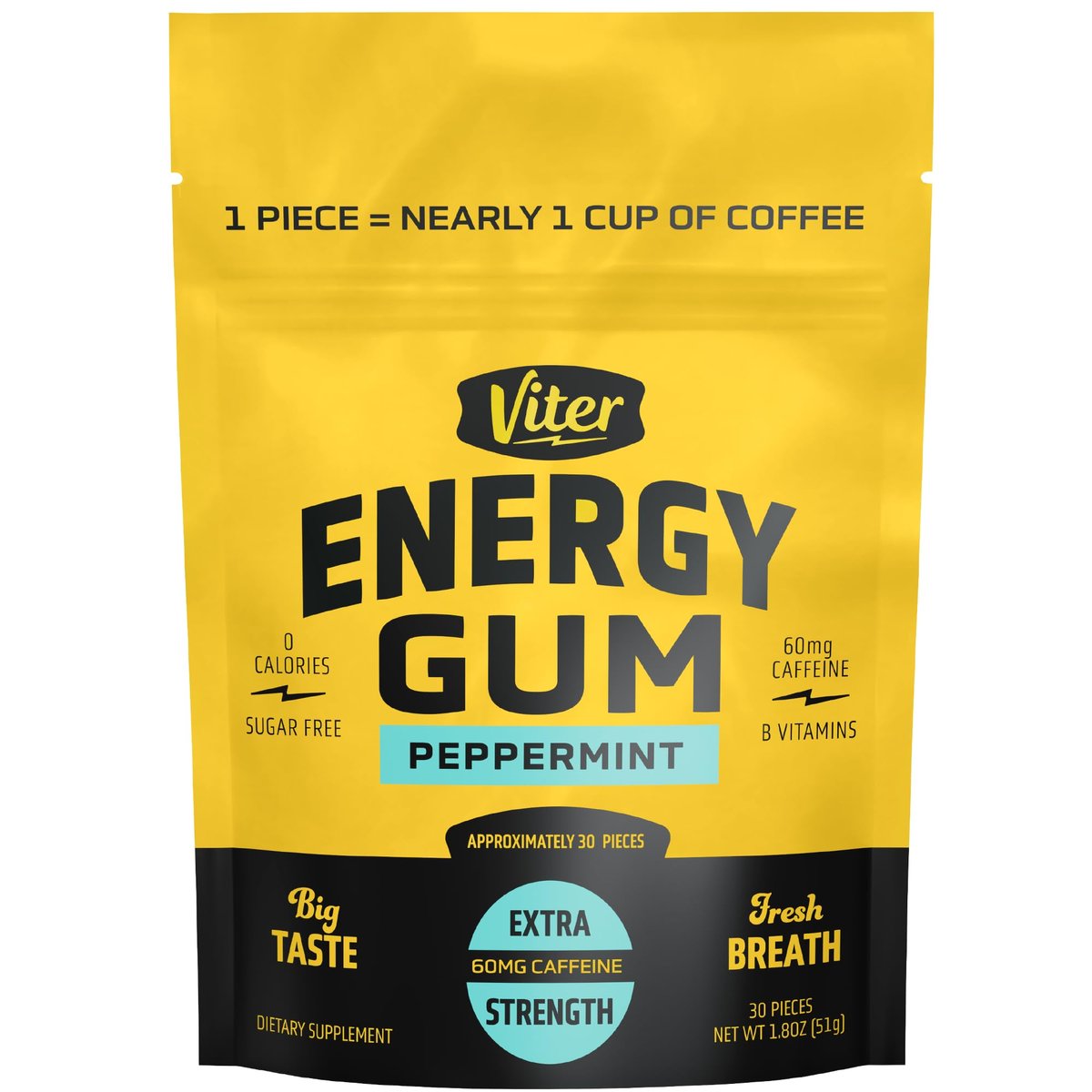 Viter Energy 60 mg Koffeinkaugummi (Pfefferminzgeschmack, 30 Stück) - Zuckerfrei, Vitamin B3, B6, B9, B12, Null Kalorien, Koffeinhaltige Energie-Kaugummis, Nootropes Fokus-Supplement für Männer & Frauen
