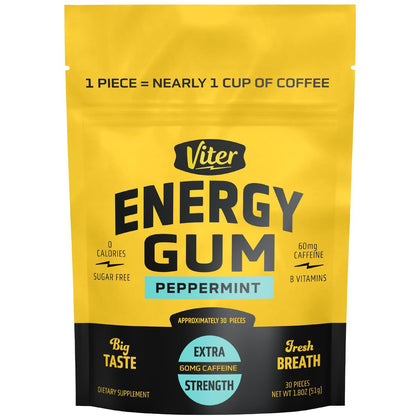 Viter Energy 60 mg Koffeinkaugummi (Pfefferminzgeschmack, 30 Stück) - Zuckerfrei, Vitamin B3, B6, B9, B12, Null Kalorien, Koffeinhaltige Energie-Kaugummis, Nootropes Fokus-Supplement für Männer & Frauen