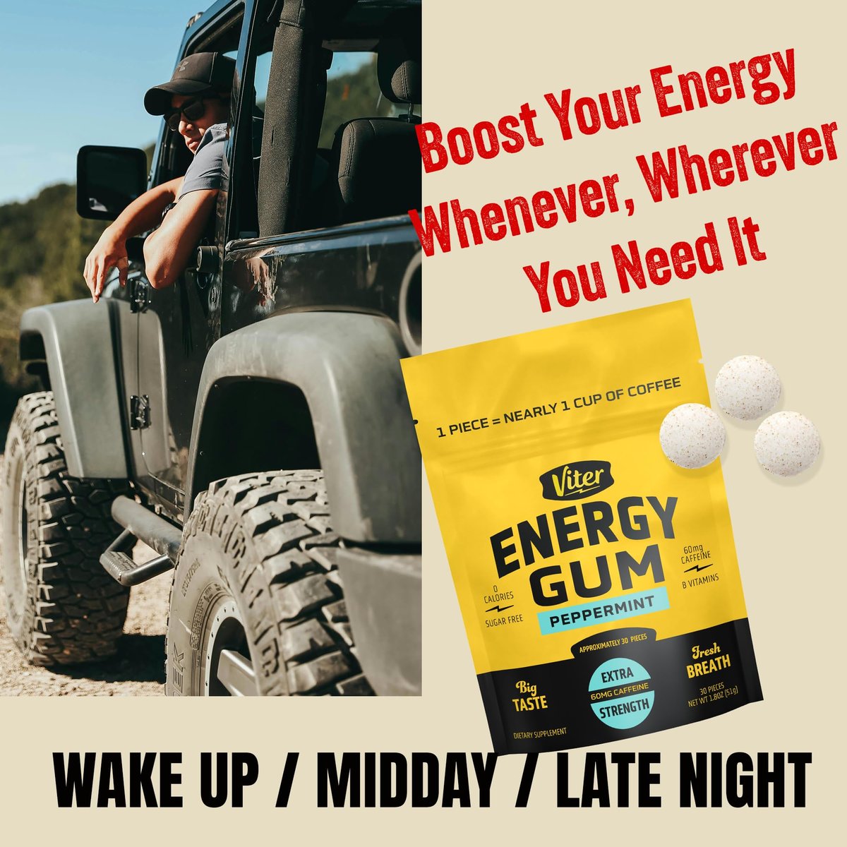 Viter Energy 60 mg Koffeinkaugummi (Pfefferminzgeschmack, 30 Stück) - Zuckerfrei, Vitamin B3, B6, B9, B12, Null Kalorien, Koffeinhaltige Energie-Kaugummis, Nootropes Fokus-Supplement für Männer & Frauen