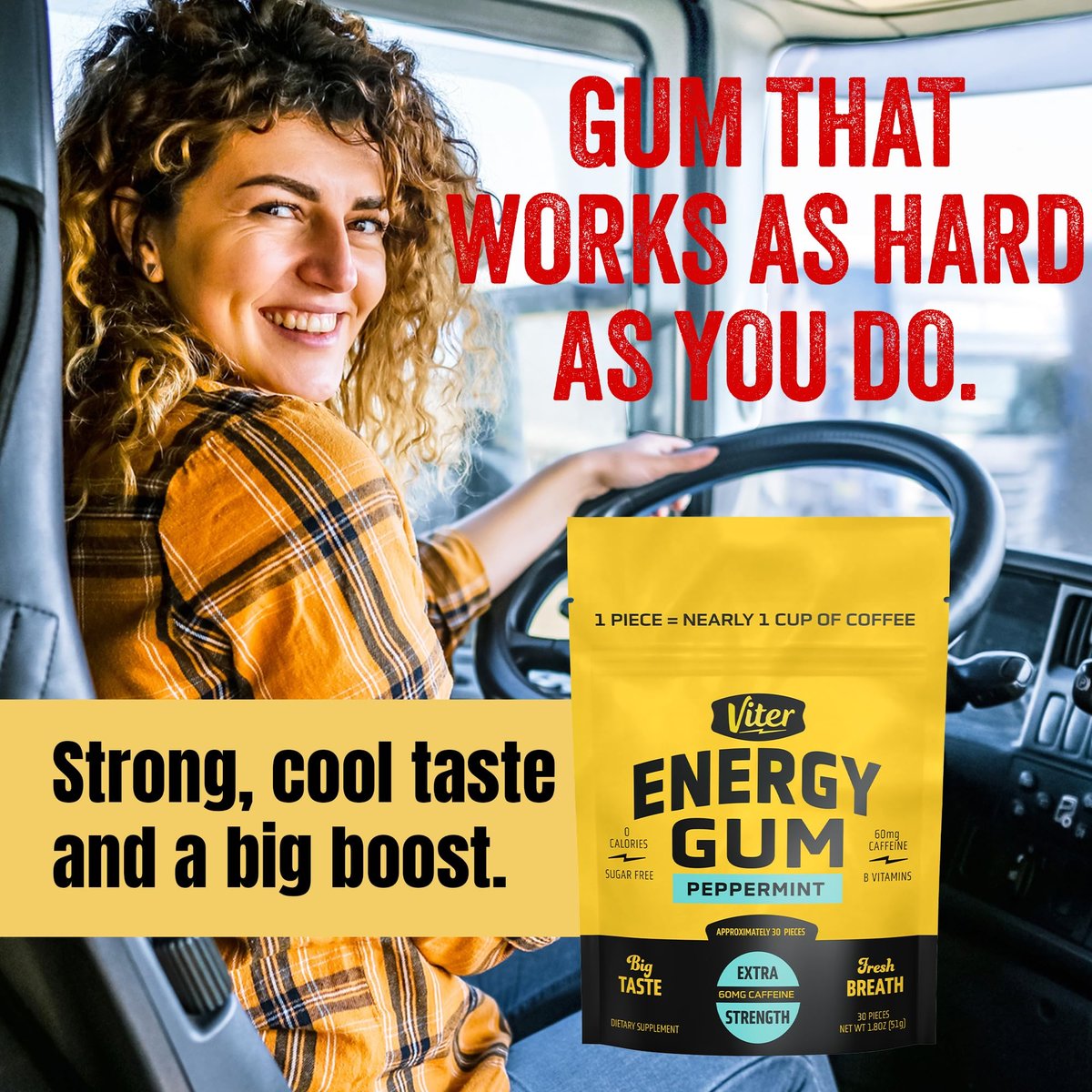Viter Energy 60 mg Koffeinkaugummi (Pfefferminzgeschmack, 30 Stück) - Zuckerfrei, Vitamin B3, B6, B9, B12, Null Kalorien, Koffeinhaltige Energie-Kaugummis, Nootropes Fokus-Supplement für Männer & Frauen