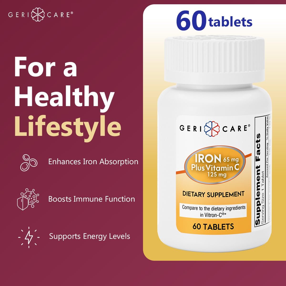GeriCare Eisen 65 mg plus Vitamin C 125 mg Tabletten – Hochabsorbierbares Eisen zur Unterstützung bei Anämie, Bildung roter Blutkörperchen, Müdigkeitsreduktion und Immunabwehr – 60 Stück