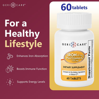GeriCare Eisen 65 mg plus Vitamin C 125 mg Tabletten – Hochabsorbierbares Eisen zur Unterstützung bei Anämie, Bildung roter Blutkörperchen, Müdigkeitsreduktion und Immunabwehr – 60 Stück