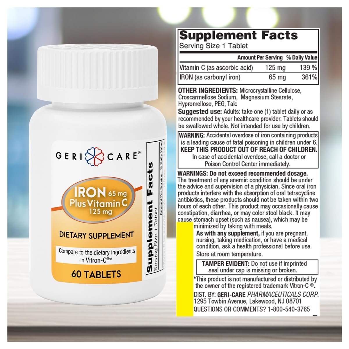 GeriCare Eisen 65 mg plus Vitamin C 125 mg Tabletten – Hochabsorbierbares Eisen zur Unterstützung bei Anämie, Bildung roter Blutkörperchen, Müdigkeitsreduktion und Immunabwehr – 60 Stück
