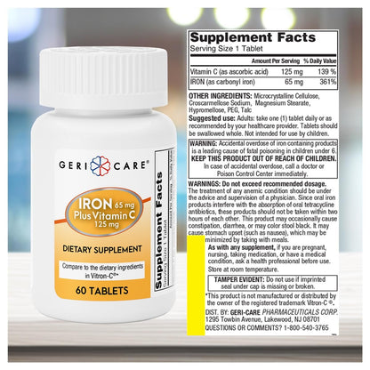 GeriCare Eisen 65 mg plus Vitamin C 125 mg Tabletten – Hochabsorbierbares Eisen zur Unterstützung bei Anämie, Bildung roter Blutkörperchen, Müdigkeitsreduktion und Immunabwehr – 60 Stück