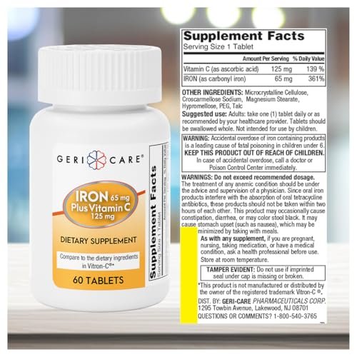 GeriCare Eisen 65 mg plus Vitamin C 125 mg Tabletten – Hochabsorbierbares Eisen zur Unterstützung bei Anämie, Bildung roter Blutkörperchen, Müdigkeitsreduktion und Immunabwehr – 60 Stück