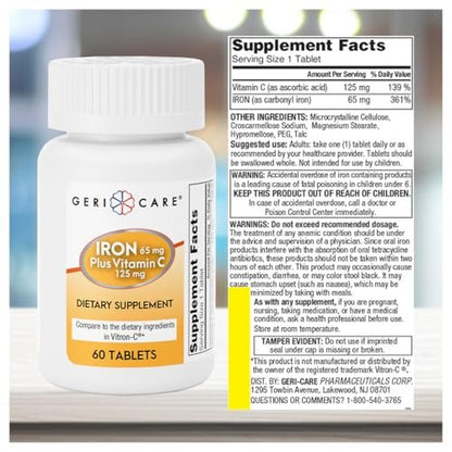 GeriCare Eisen 65 mg plus Vitamin C 125 mg Tabletten – Hochabsorbierbares Eisen zur Unterstützung bei Anämie, Bildung roter Blutkörperchen, Müdigkeitsreduktion und Immunabwehr – 60 Stück