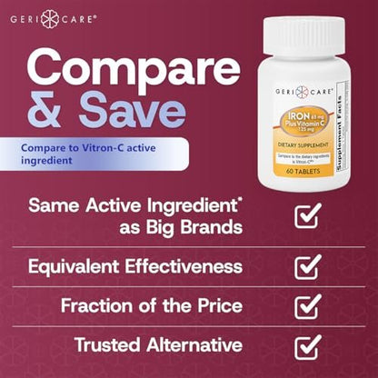 GeriCare Eisen 65 mg plus Vitamin C 125 mg Tabletten – Hochabsorbierbares Eisen zur Unterstützung bei Anämie, Bildung roter Blutkörperchen, Müdigkeitsreduktion und Immunabwehr – 60 Stück