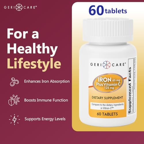 GeriCare Eisen 65 mg plus Vitamin C 125 mg Tabletten – Hochabsorbierbares Eisen zur Unterstützung bei Anämie, Bildung roter Blutkörperchen, Müdigkeitsreduktion und Immunabwehr – 60 Stück