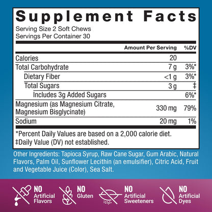 Force Factor Ultimate Magnesium – 330 mg Magnesium Glycinat & Citrat, Vegan, Glutenfrei, Mixed Berry, 60 Soft Chews