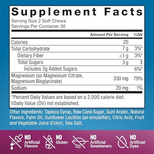 Force Factor Ultimate Magnesium – 330 mg Magnesium Glycinat & Citrat, Vegan, Glutenfrei, Mixed Berry, 60 Soft Chews